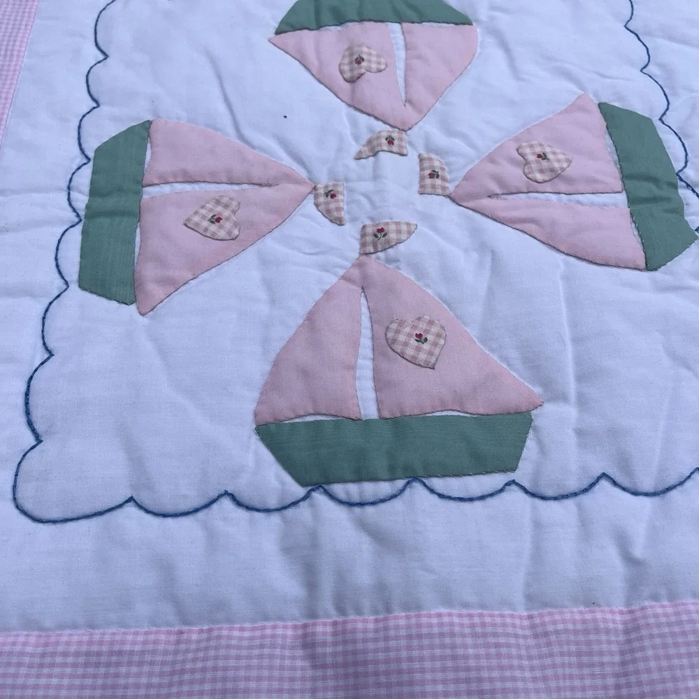 Handmade Sailboat Girls Crib Quilt, Green, White, Pink, One Of A Kind 42
